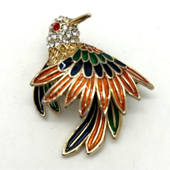 Estate Jewelry - Vintage Hummingbird Brooch Rhinestone Accents Enameled Wings Gold-Tone Nature